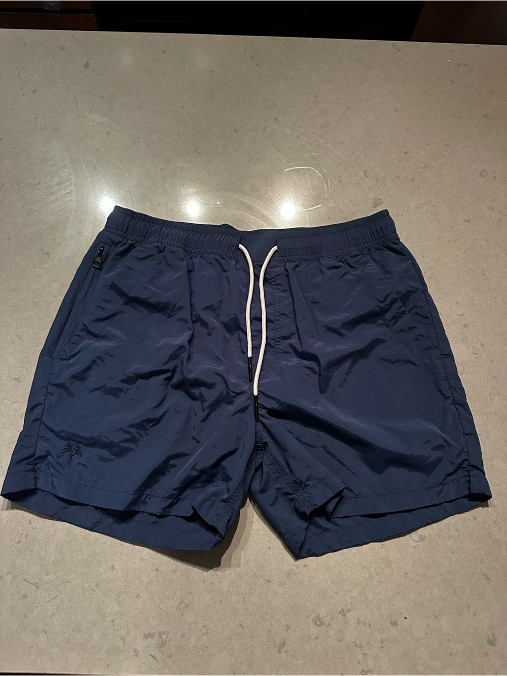 OAS Navy Elastic Waist Swim Trunks with White Drawcord